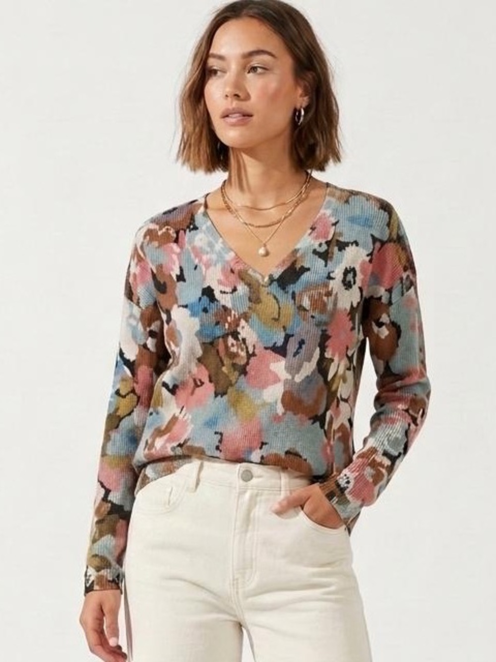 FDJ French Dressing Fall Florist Ribbed V-Neck Sweater Size S floral cozy 386